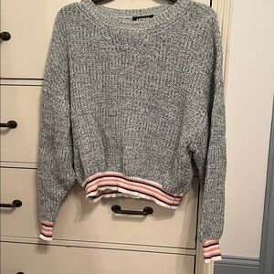 Green/white Pullover Sweater with Pink, Black, & White Striped Trim